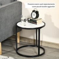 Set di 2 Tavolini da Salotto Rotondi Impilabili in Acciaio ed Effetto Marmo, Bianco