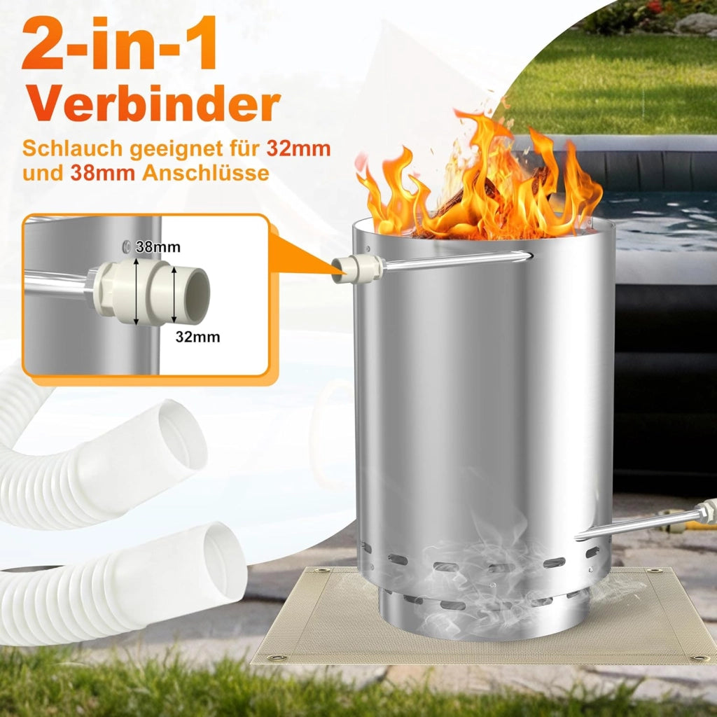 Riscaldatore per piscina con fuoco per piscina, in acciaio inox con spirale di riscaldamento e attacchi da 32/38 mm, riscaldamento a legna da ardere, riscaldato, per piscina