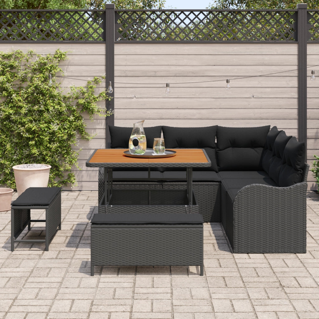 Set Divano da Giardino 8 Pezzi con Cuscini in Polyrattan Nero Acacia