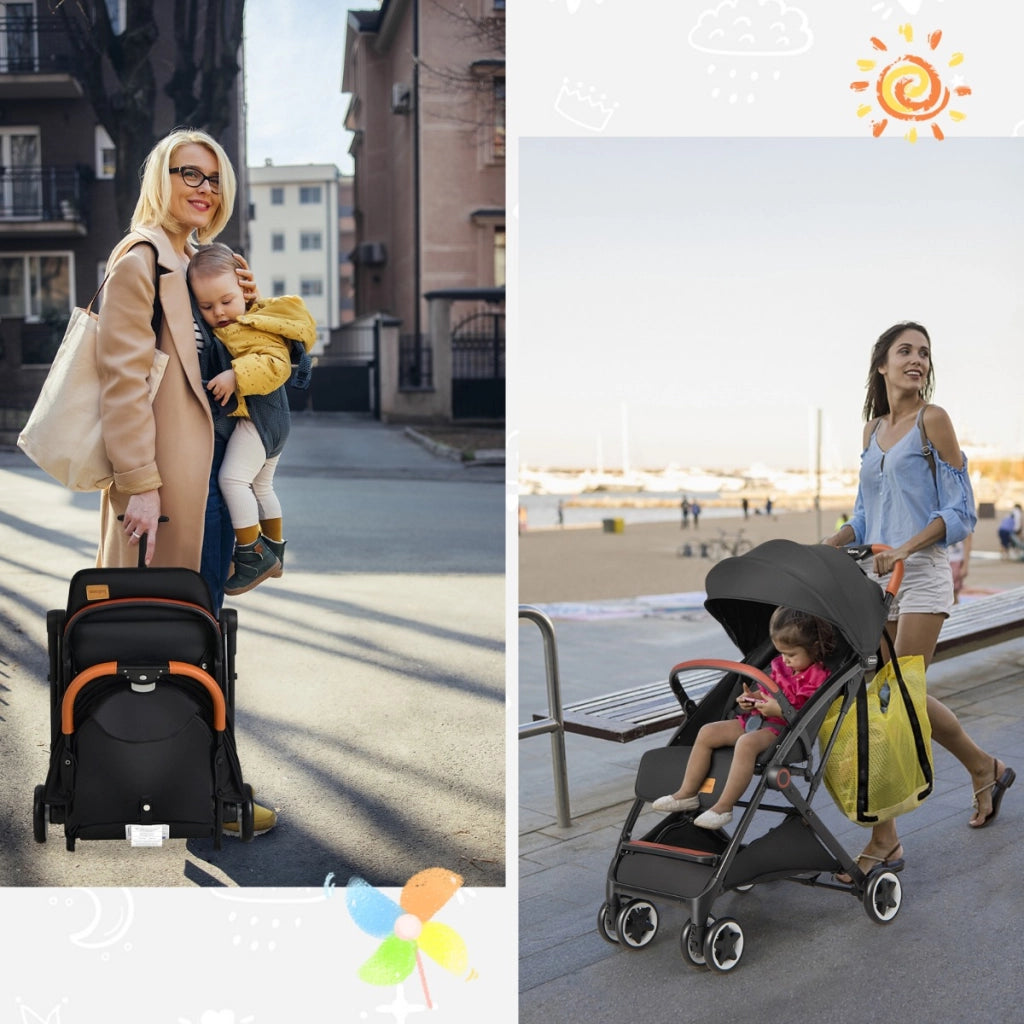 Passeggino leggero per bambini con capottina reclinabil schienale regolabile, Passeggino da viaggioe pieghevole Nero-Passeggini per bimbi
