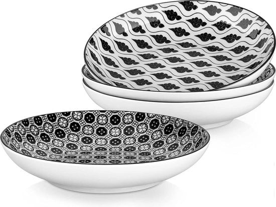 Set di piatti a pasta da 4 - Piatti da zuppa in porcellana - 36 oz zuppiera - Grande ciotola da servire - Nero - 229 cm diametro x 47 cm altezza