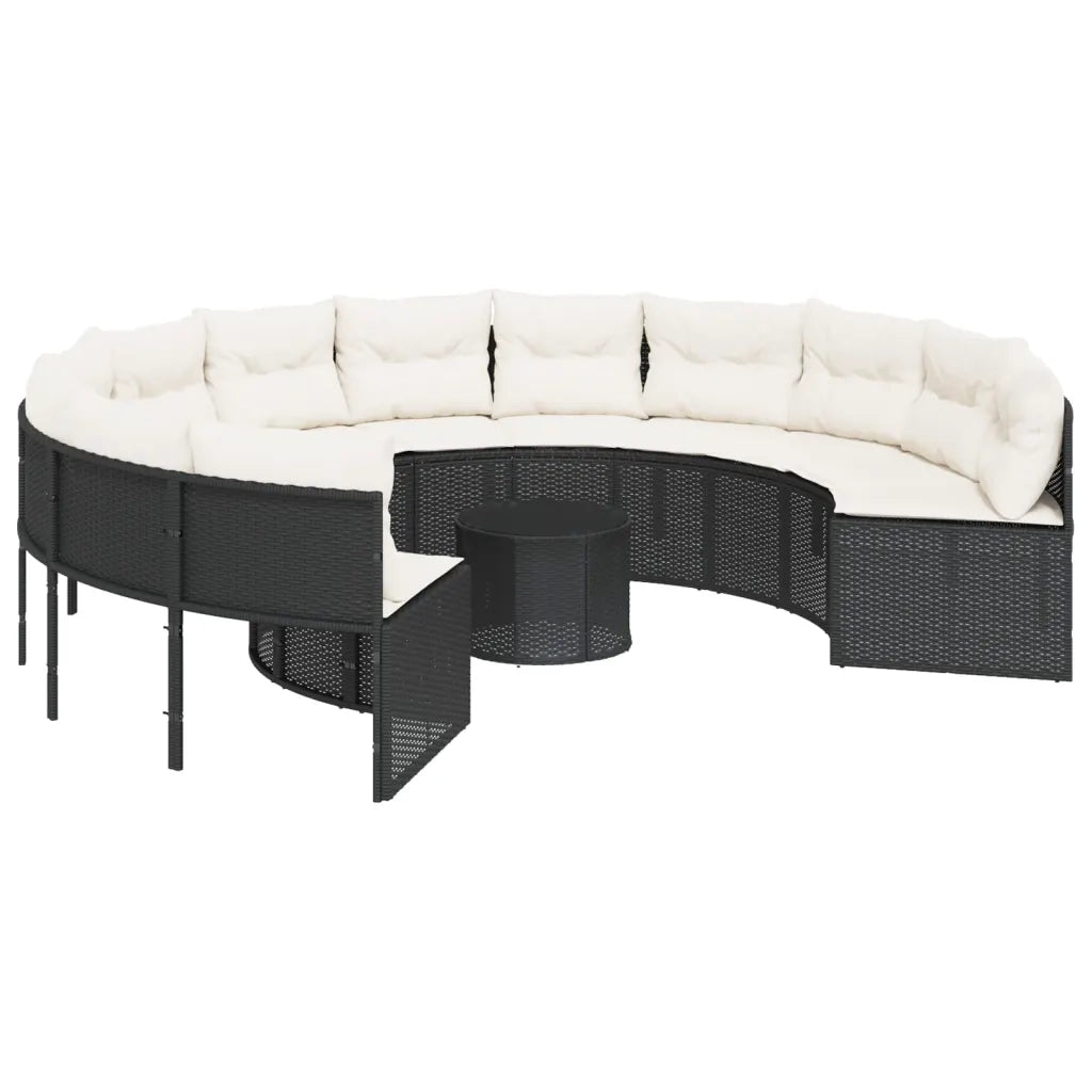 vidaXL Divano Giardino con Tavolo e Cuscini Circolare Nero Polyrattan