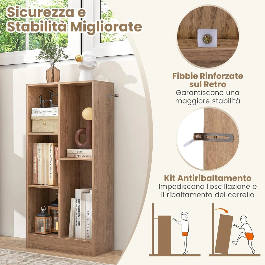 Libreria a 5 Cubi, Organizzatore di Stoccaggio Autoportante a 3 Livelli con 2 Kit Antiribaltamento, Mensola in Legno per Soggiorno Camera da Letto Ufficio, 50x24x104 cm (Naturale)