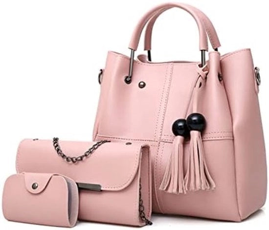 Set di trasporto per donna con chiusure a scatto, impermeabile, tasche, spalla e portacarte, pelle PU, rosa, Large