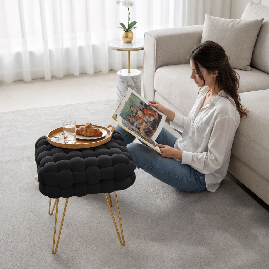 Pouf sgabello in velluto intrecciato 38 cm DOTTY Nero