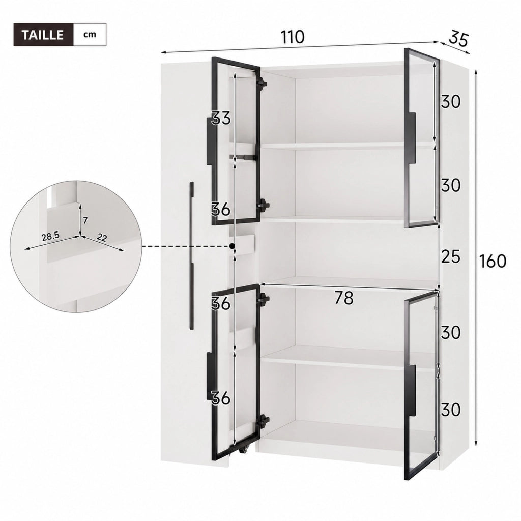 Vetrina ULEVR 110x35x160 cm in MDF bianco con LED multicolore, ripiani estraibili e cassetti