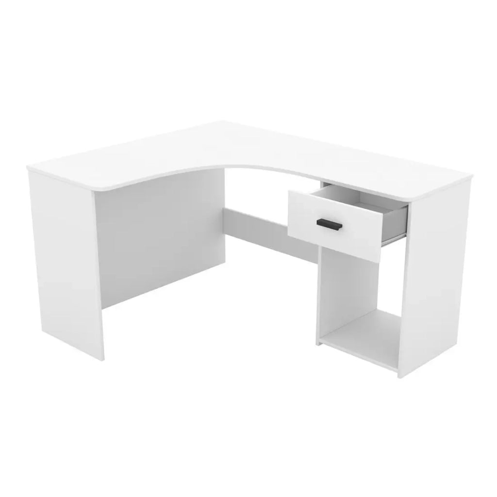 Scrivania ad angolo LOUANE - Bianco opaco - Design moderno con cassettiera e vano portaoggetti