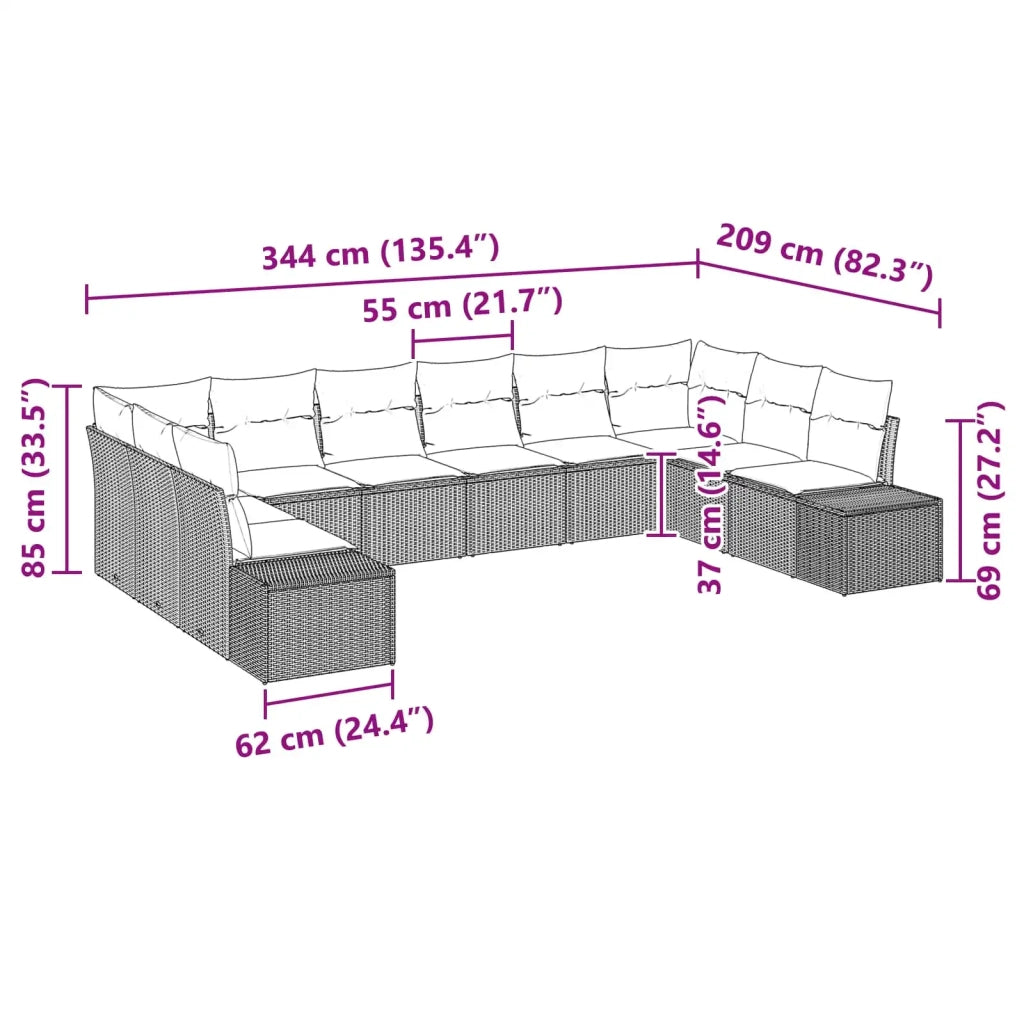Set Divano da Giardino con cuscino 10 pcs Marrone polyrattan