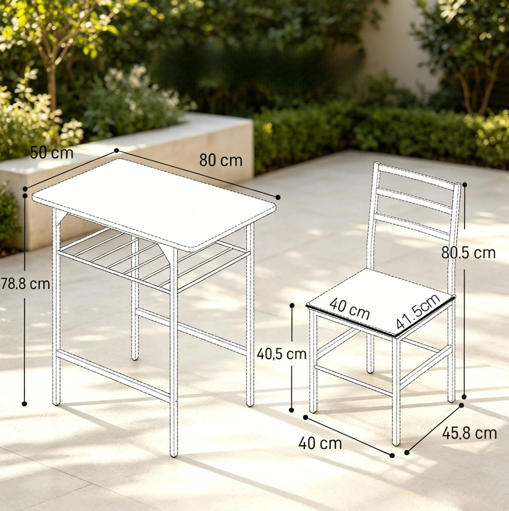 Set da pranzo compatto con tavolo e 2 sedie, design industriale salvaspazio