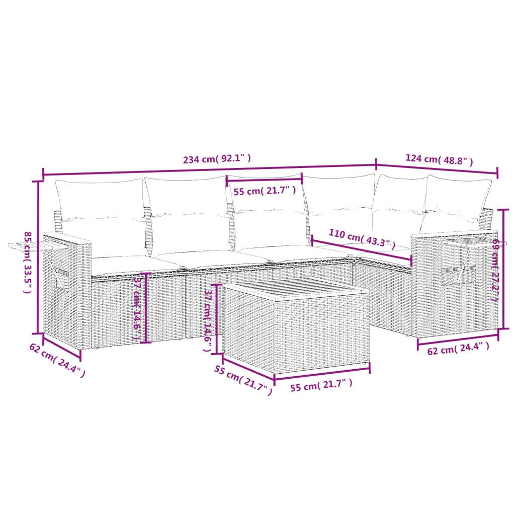 Set Divano da Giardino 6 pz con Cuscini Grigio in Polyrattan