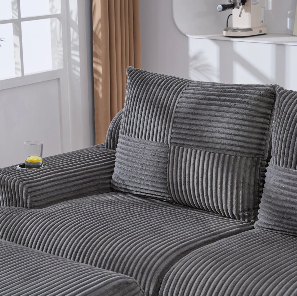 Divano modulare 268x174x80 cm con portabicchiere e tasca laterale in corduroy grigio scuro