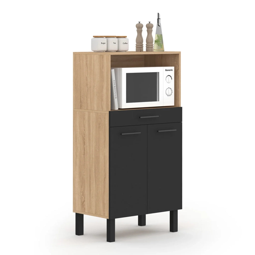 IDMarket - Credenza CINA 60 cm in faggio e nero per microonde di fascia media con 1 cassetto e 2 ante