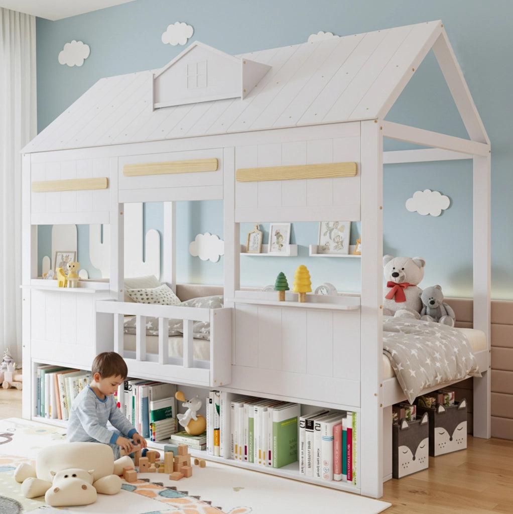 Letto a soppalco per bambini bianco con libreria 90x200 cm