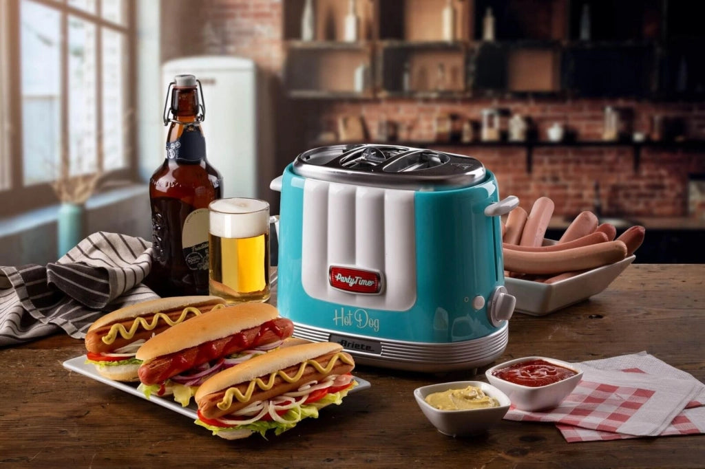 Ariete 206 Party Time Macchina per Hot Dog 650 W 4 Spazi di Cottura 5 Livelli Regolabili Espulsione Automatica colore Celeste