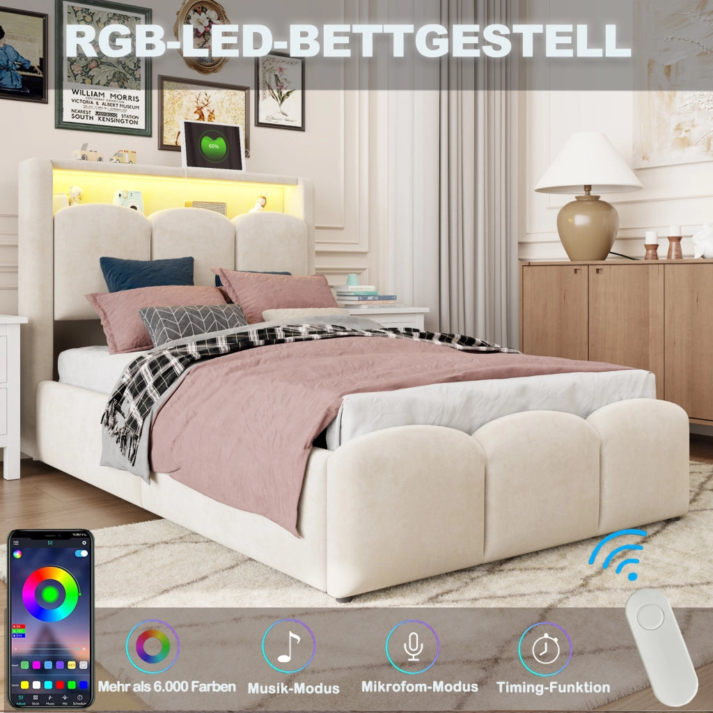 Letto imbottito 90x200 cm con contenitore; LED; USB e Type-C; beige in velluto