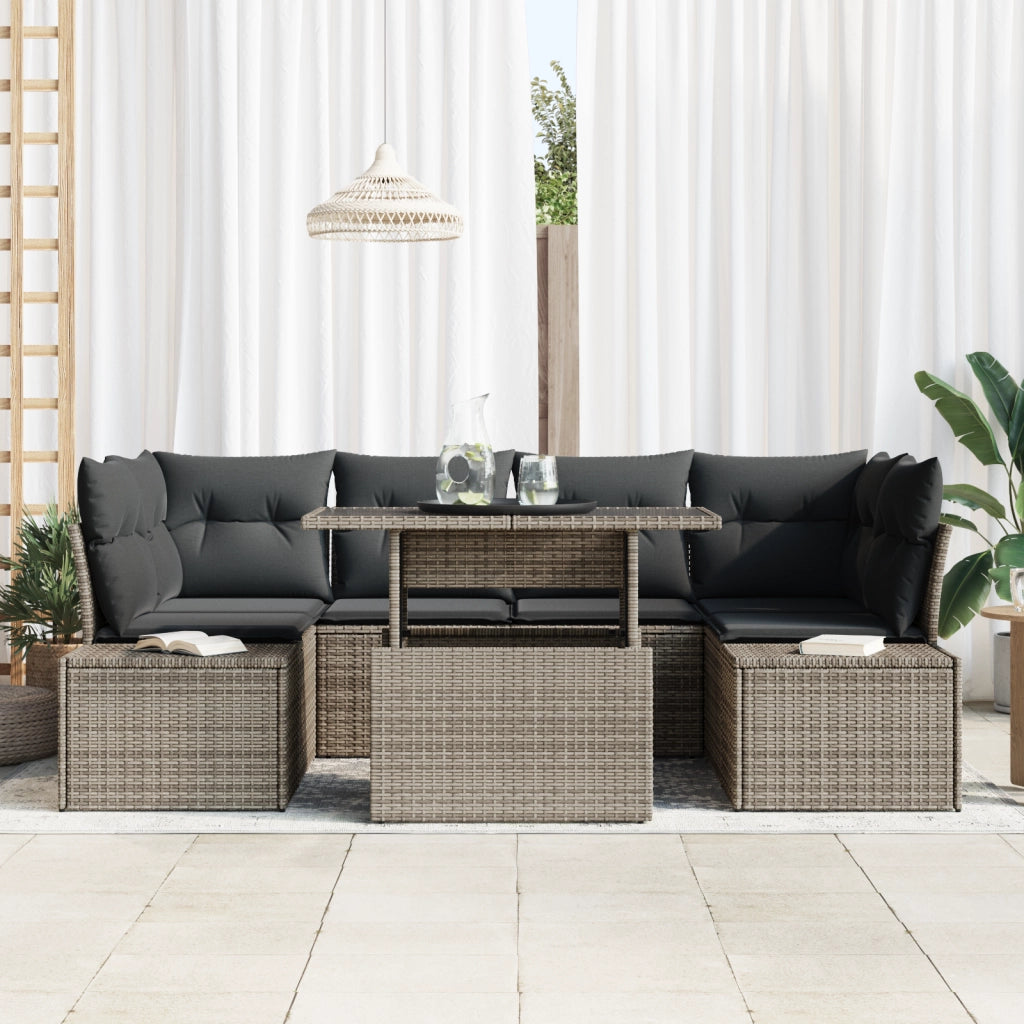Set di SofÃ  da Giardino 7 Pezzi con Cuscini Grigio in Rattan Polietilene