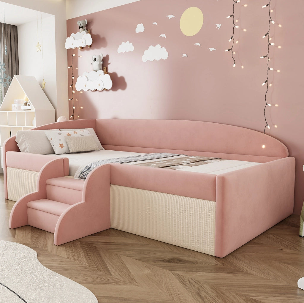 Letto imbottito per bambini 90x190 cm in velluto rosa e bianco; con scaletta e sponde