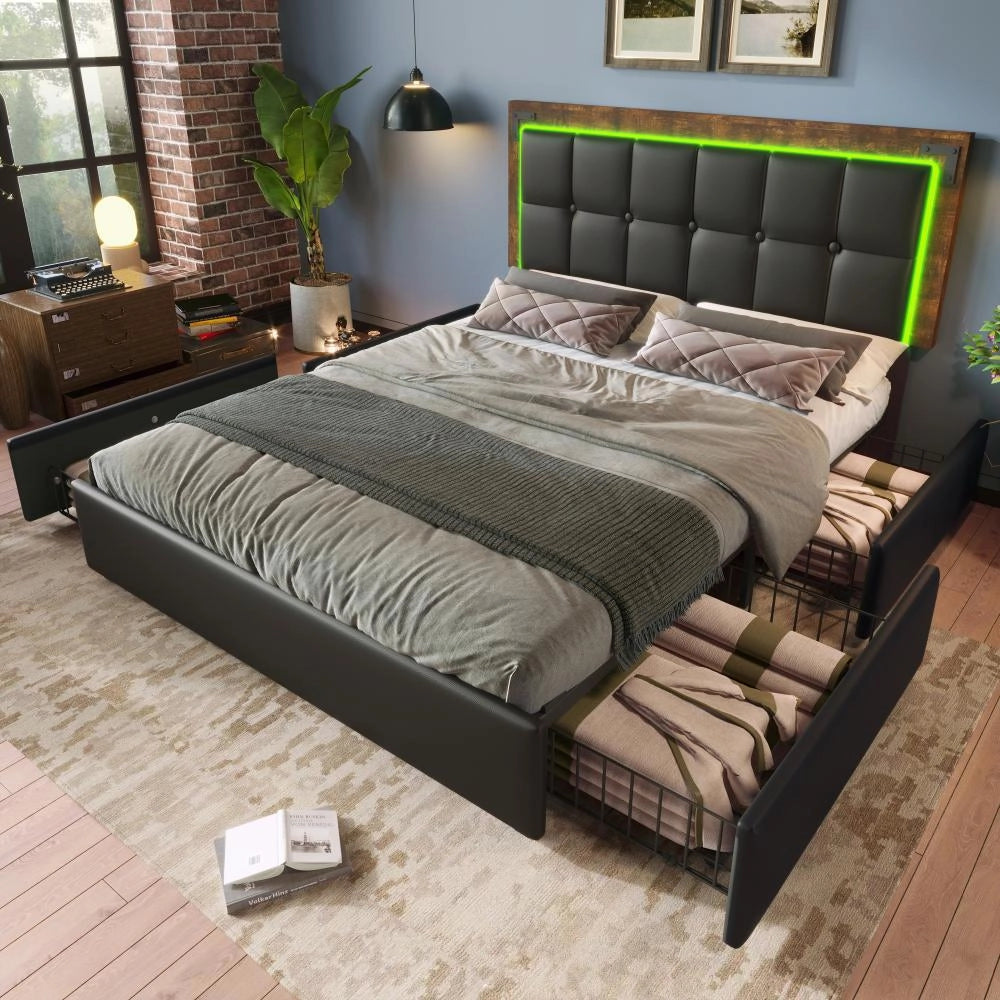 Letto con cassetti 140x200 cm - Xylo - Nero - LED e 4 cassetti