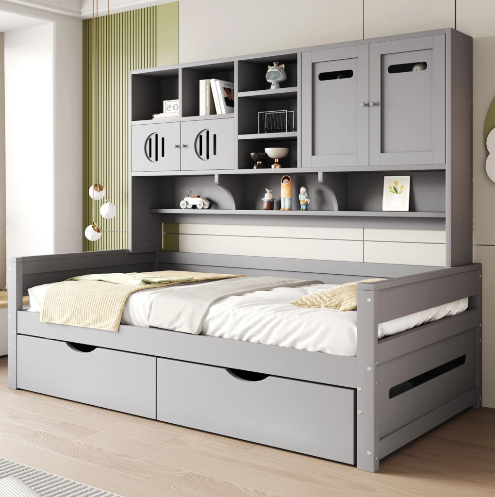 Letto singolo multifunzionale 90x200 cm con cassetti e vani contenitivi grigio