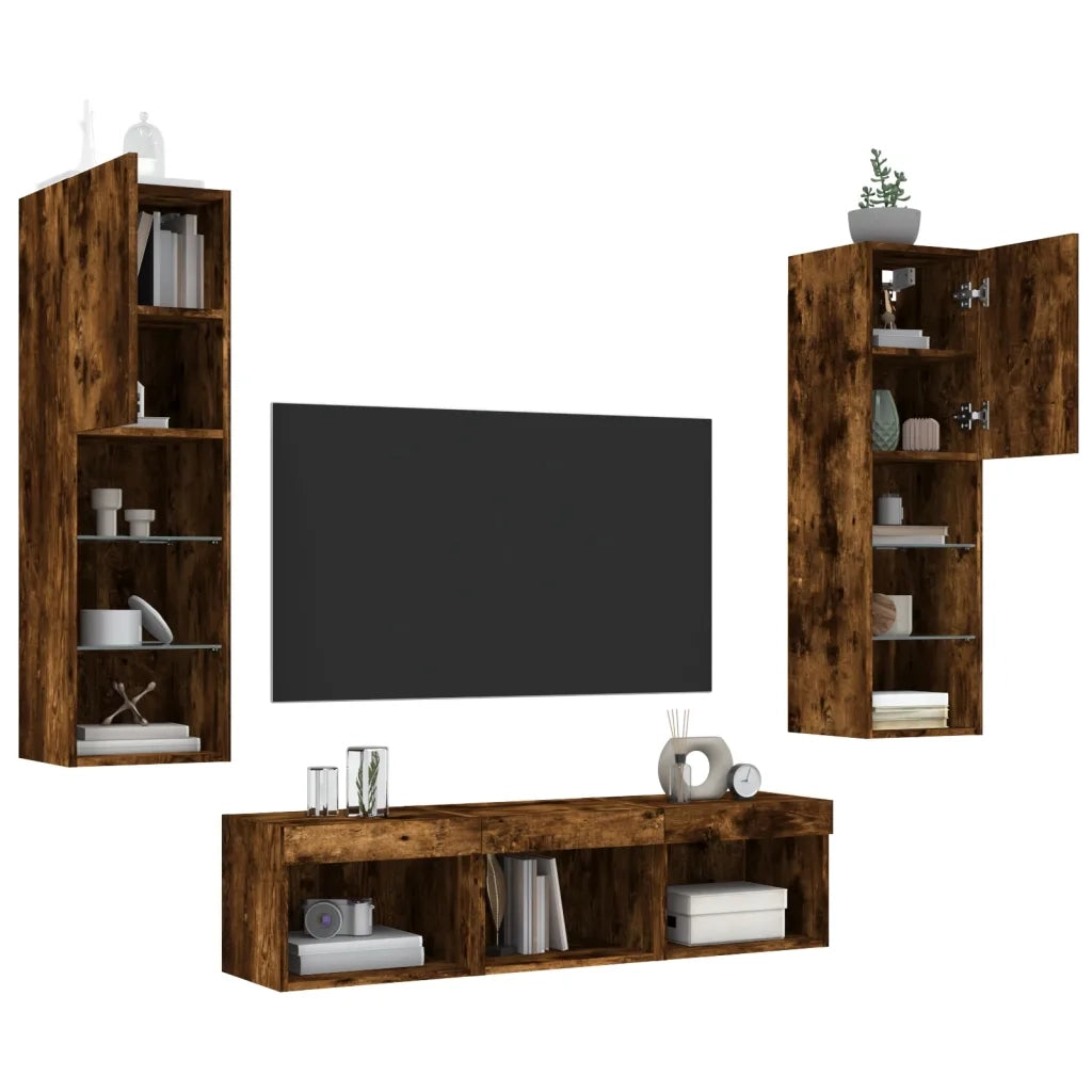 Mobili TV a Muro con LED 5pz Rovere Fumo in Legno Multistrato 3216608
