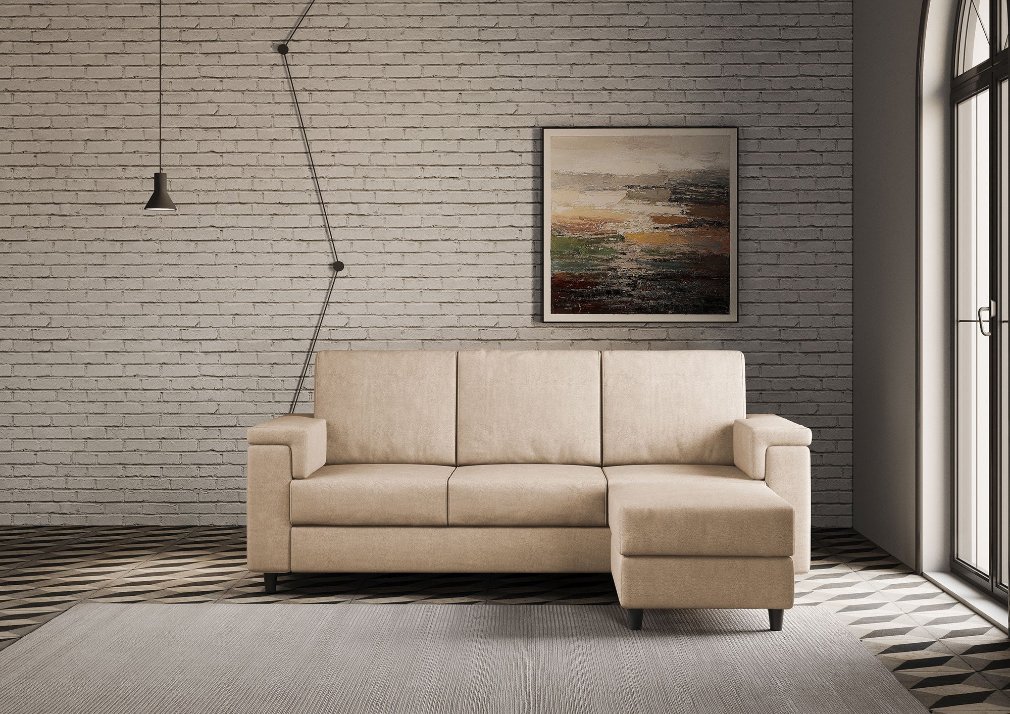 Divano 3 Posti con Pouf 208x155x85 cm Marrak in Tessuto Beige