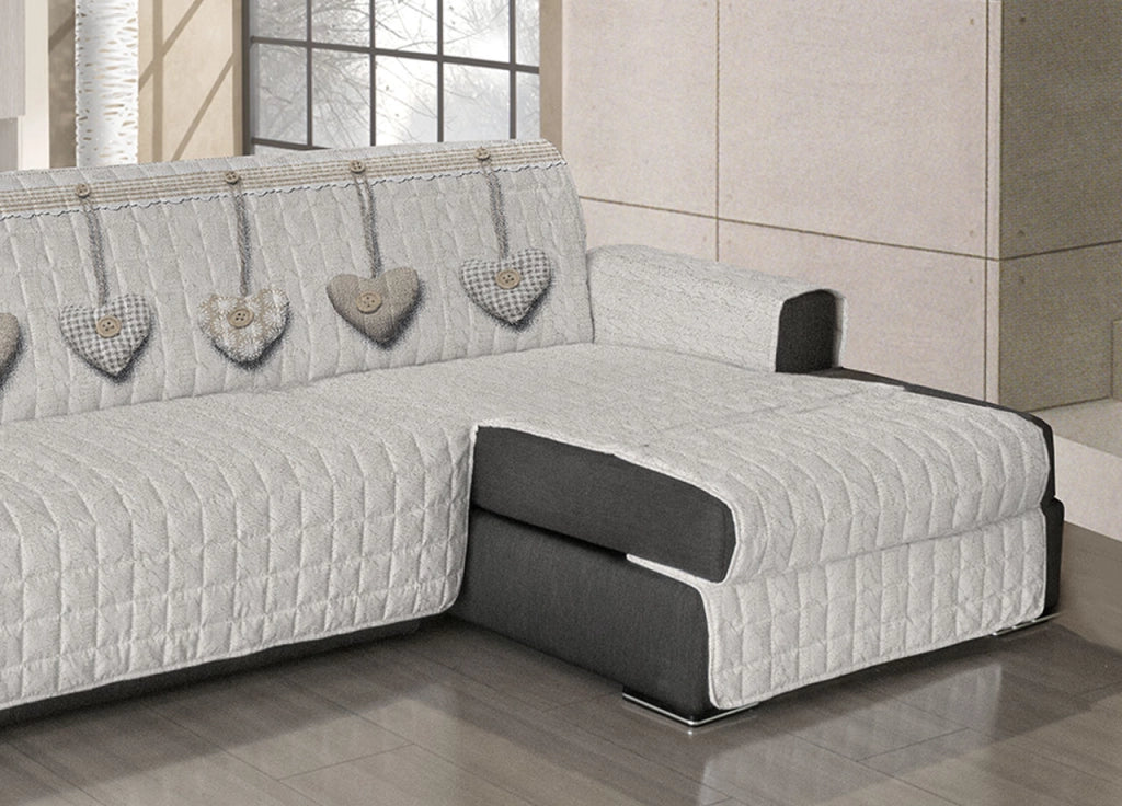Copridivano Trapuntato Per Divani Con Penisola Disegno Cuore Appeso - 240-245 cm - Beige