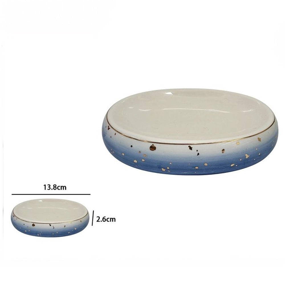 Trade Shop - Piatto Piattino Porta Sapone Saponetta Bagno In Ceramica Bianco Blu Arredo 79968 -
