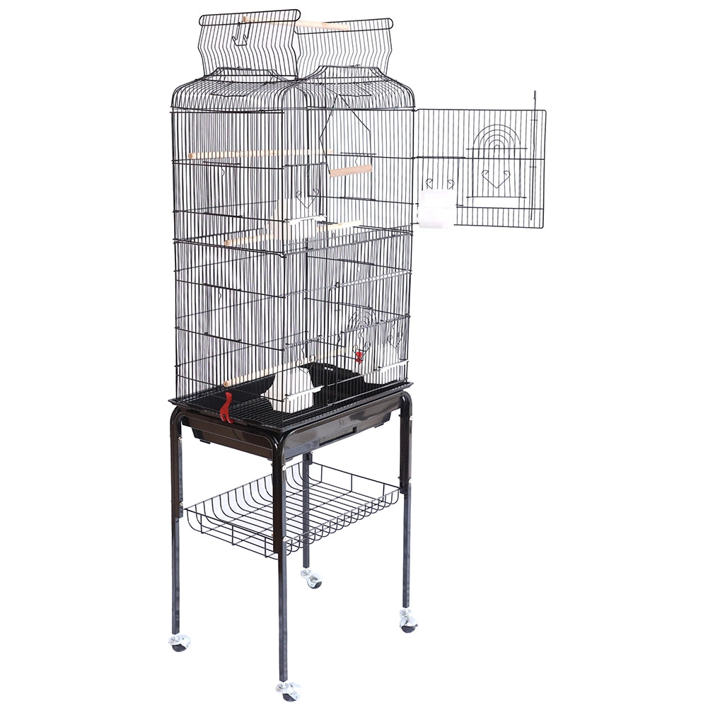 Gabbia Voliera per Uccelli Nera per Pappagalli con Tetto Apribile 46x35x148 cm