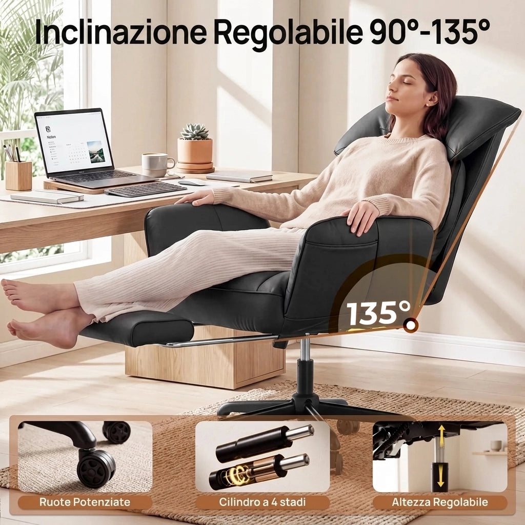 Sedia da ufficio ergonomica - Con corrimano e poggiapiedi - Con braccioli regolabili - Schienale regolabile - Nero