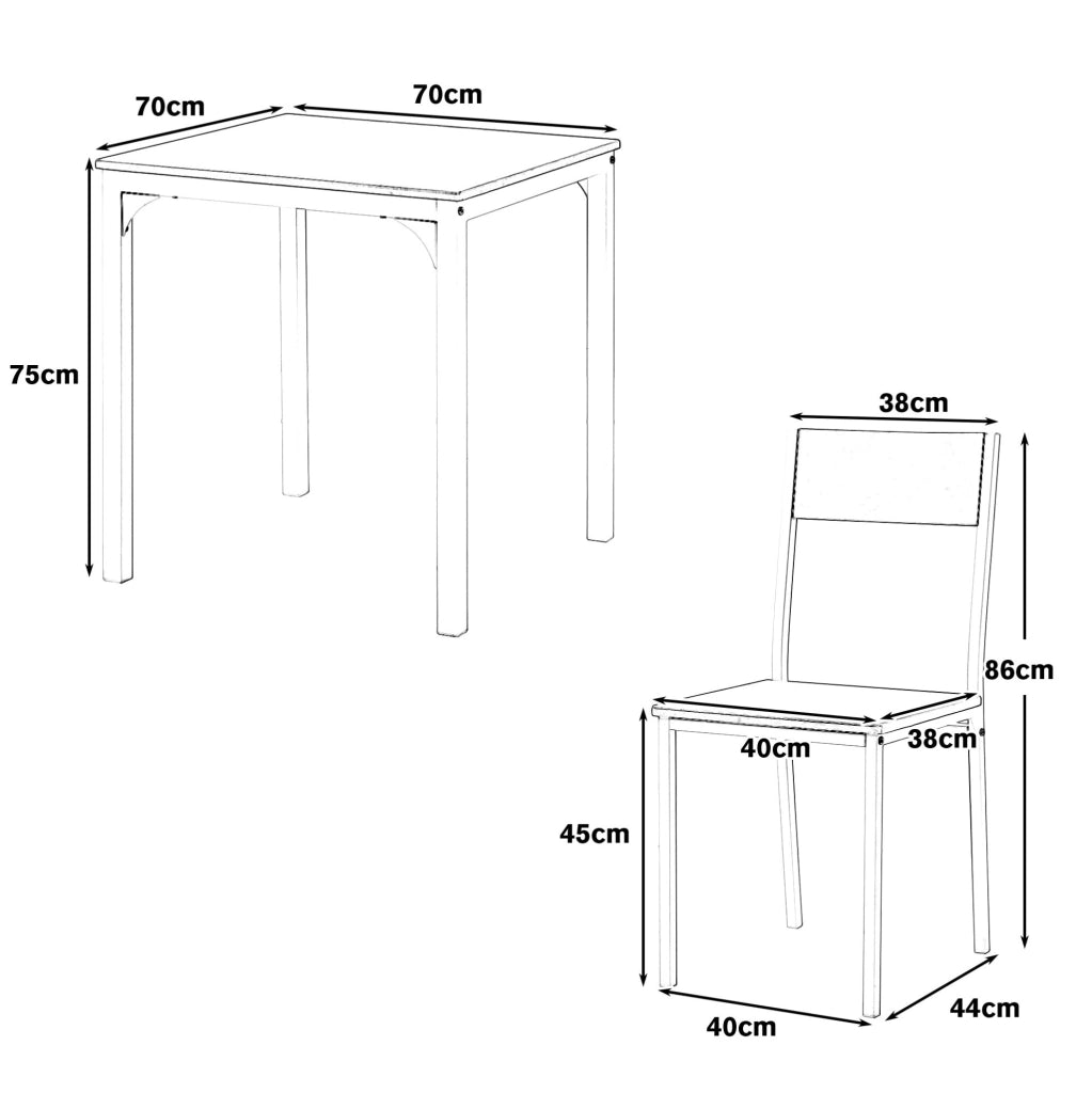 Set tavolo da pranzo con 2 sedie; 70x70x75 cm; metallo marrone