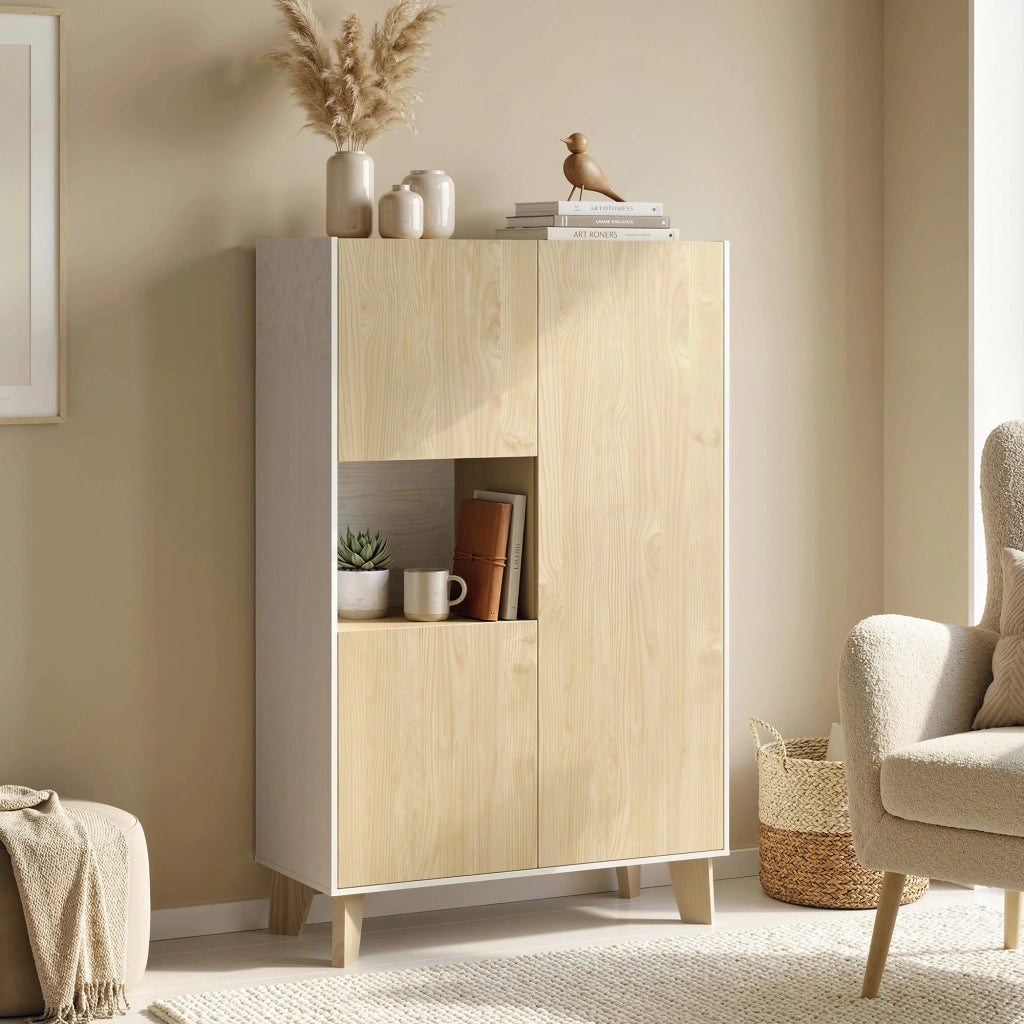 Credenza da Cucina 80x40x135 cm con 6 Scomparti Ante Soft Close in MDF Bianco e Legno