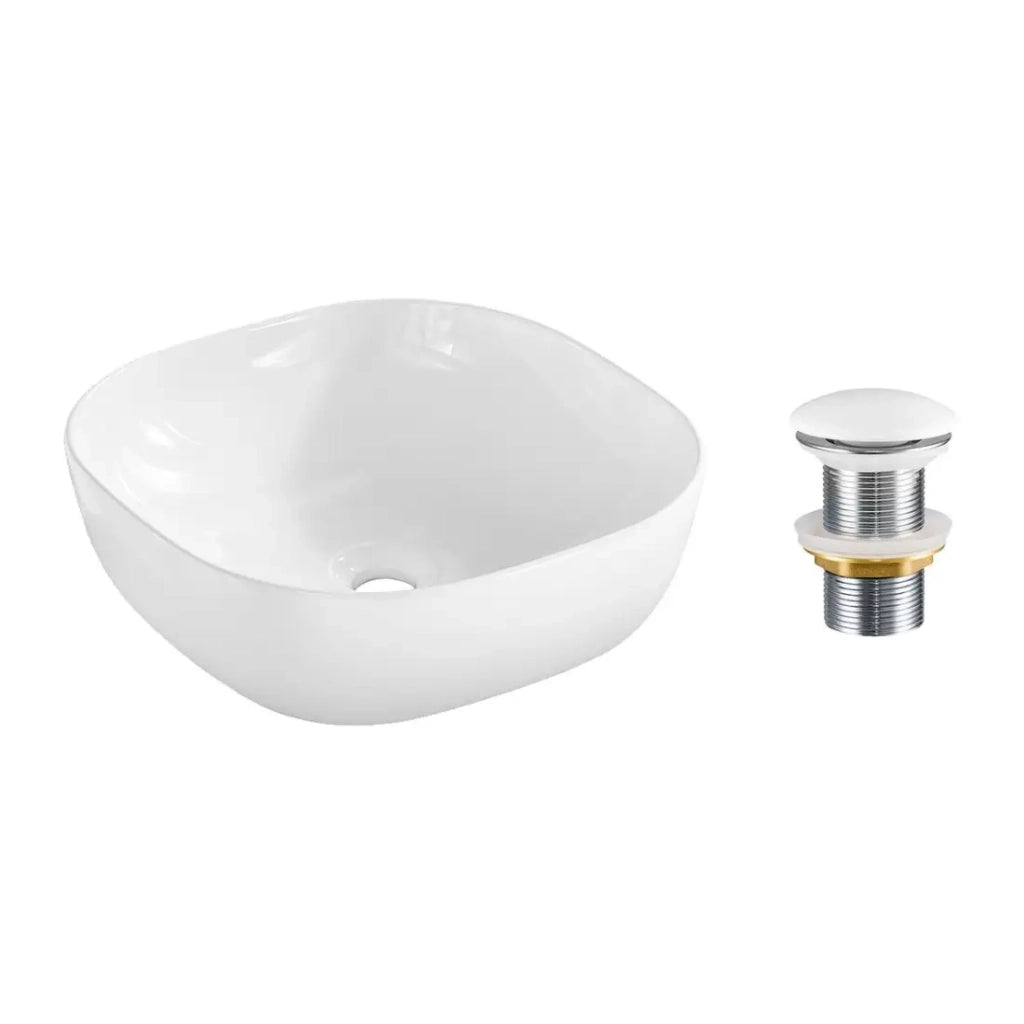 Lavabo da appoggio quadrato 41x41 cm bianco lucido in ceramica con piletta clic-clac