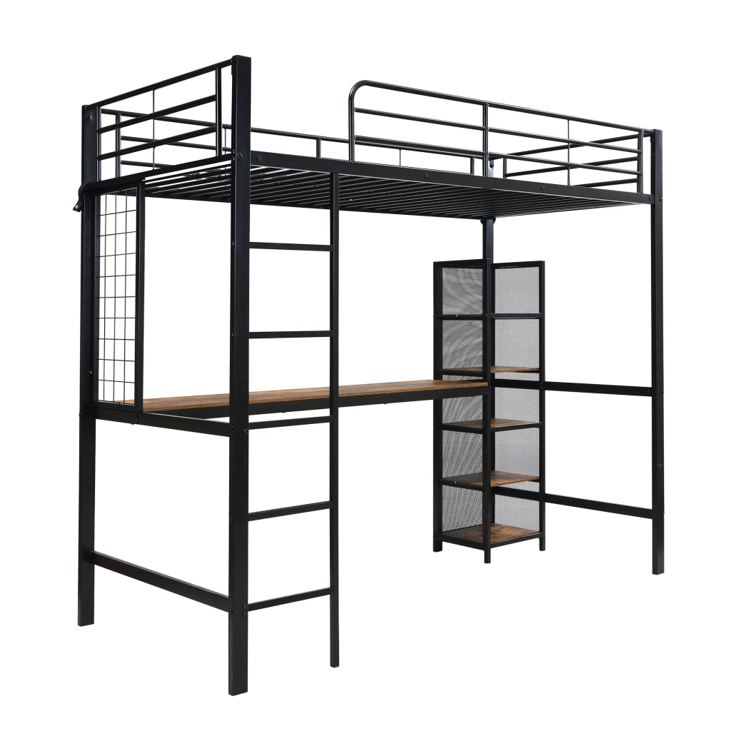 Letto a soppalco 90x200 con scrivania e scaffale a 5 ripiani; metallo e MDF; nero e noce scuro