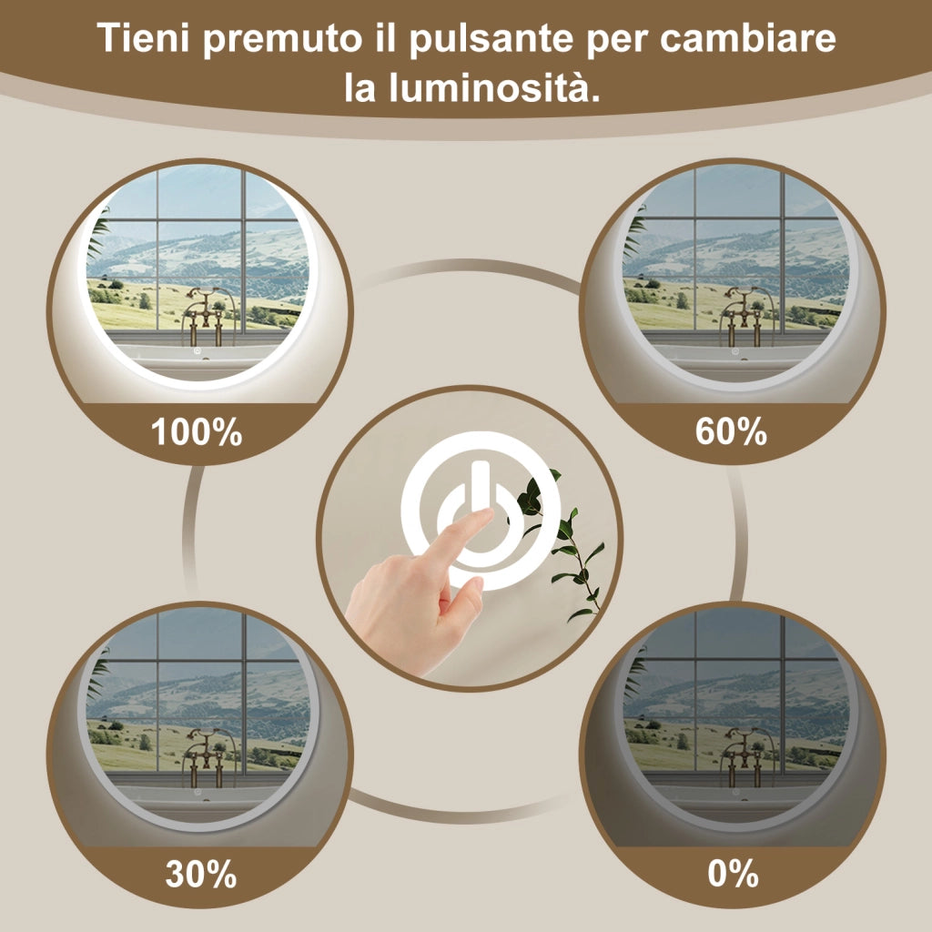 AICA SPECCHIO DA BAGNO ROTONDO CON LED 90 x 90 cm, antiappannamento, interruttore a sfioramento