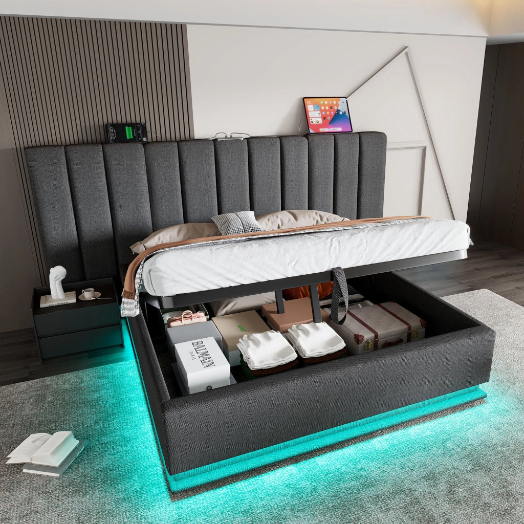 Letto Contenitore Letto Matrimoniale; 3 USB; Tipo C; Led Regolabile e Vano; 180×200 cm; senza Materasso