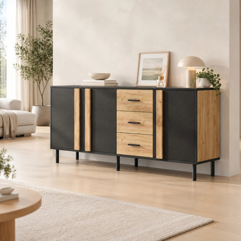 Credenza moderna 140x35x70 cm in MDF con 3 ante e 3 cassetti; nero e legno