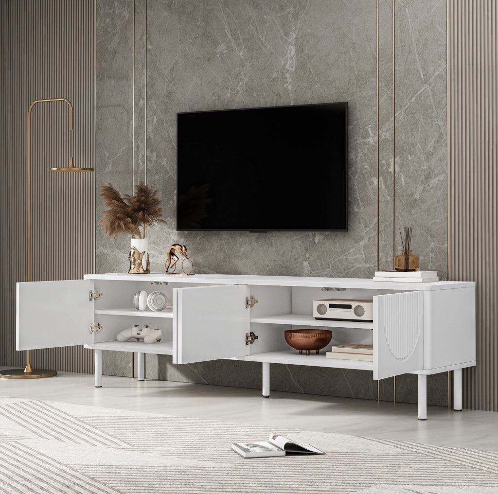 Mobile TV basso 180x40x52 cm con 4 vani e passacavi; MDF e truciolare; bianco