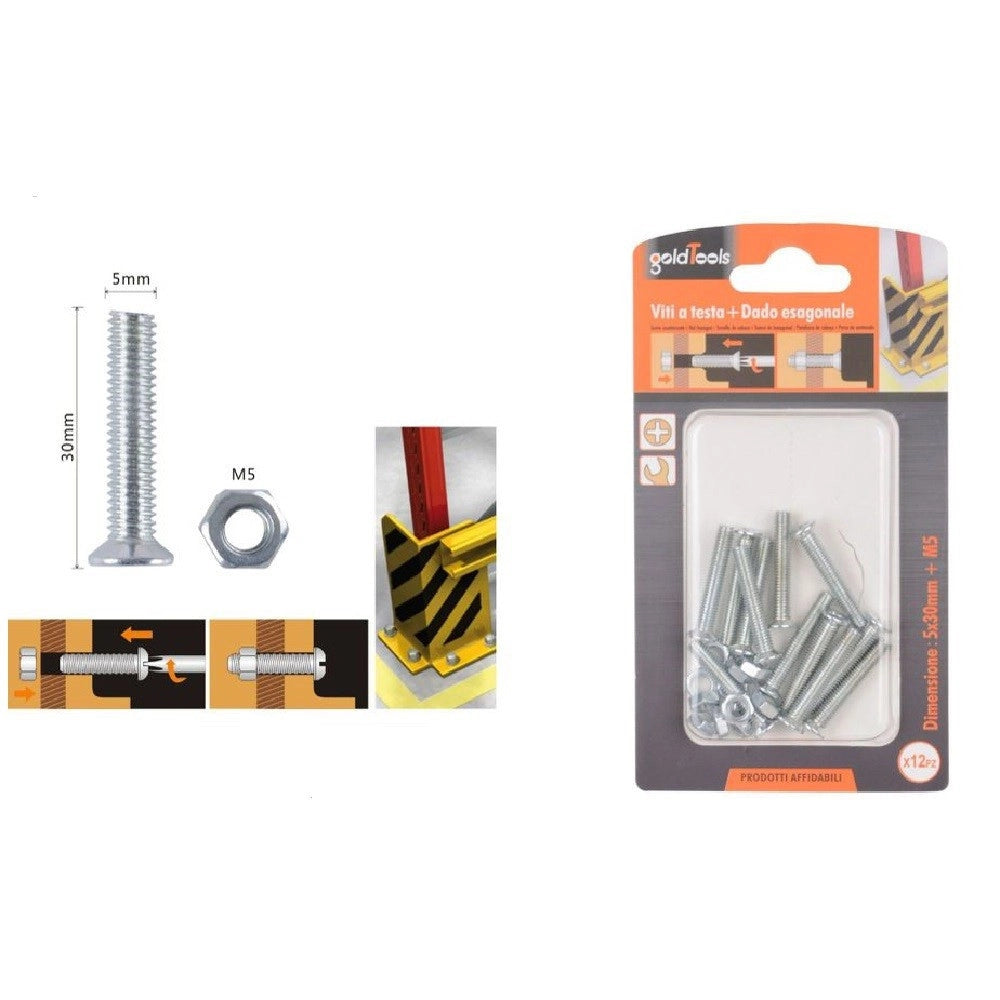 Trade Shop - Set 12 Pezzi Viti Vite Testa A Croce Piatta 5x30 Mm Con Dado Esagonale M5 90940 -