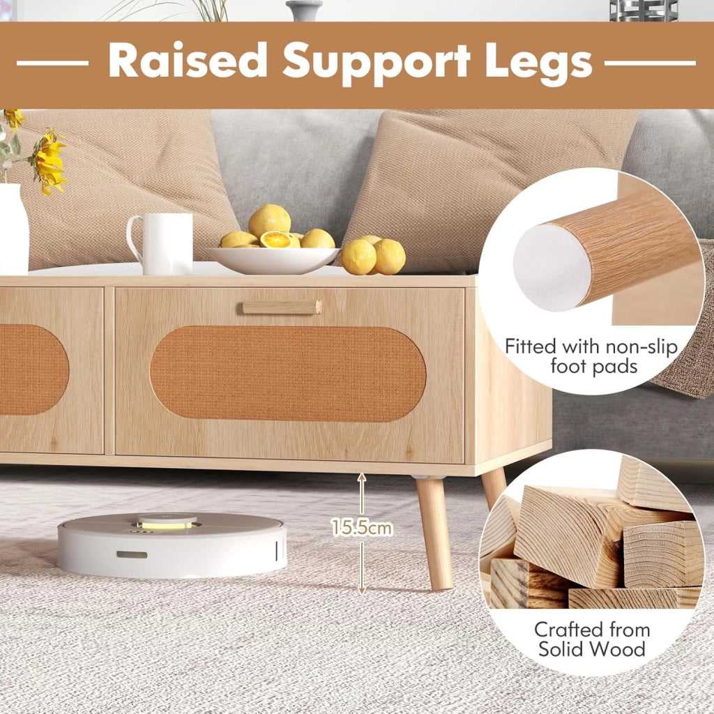 Tavolino da Salotto in Rattan, Tavolino da Caffè Rettangolare con 2 Cassetti, 1 Scomparto Aperto, 4 Gambe Rialzate, Tavolo Basso Boho in Legno Massello per Soggiorno Ufficio, Naturale