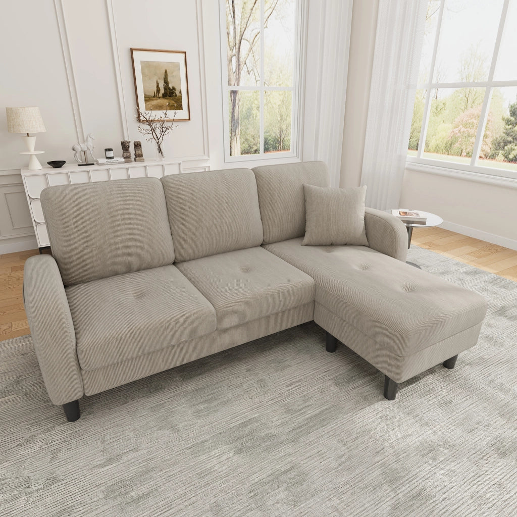 Divano angolare modulare 3 posti - con chaise longue reversibile - in tessuto cord - marrone grigio
