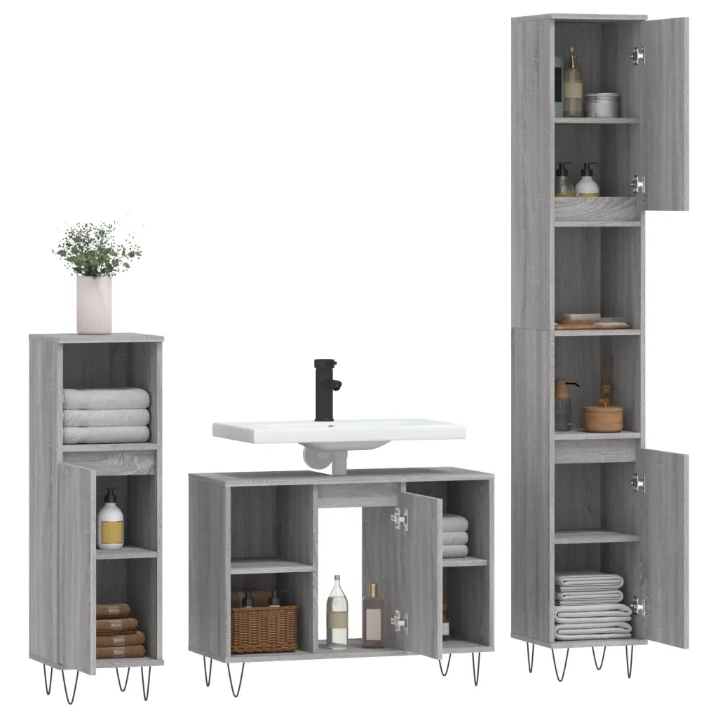 Set Mobili da Bagno 3 pz Grigio Sonoma in Legno Multistrato 3190305