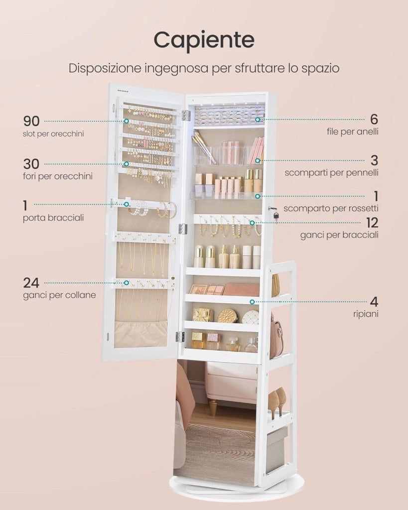 SONGMICS Armadietto Portagioie, Specchio Portagioielli a Figura Intera, 4 Ripiani, Luci LED Interne, Girevole a 360°, per Camera da Letto Cabina Armadio Ingresso, Bianco Nuvola JJC027WH01
