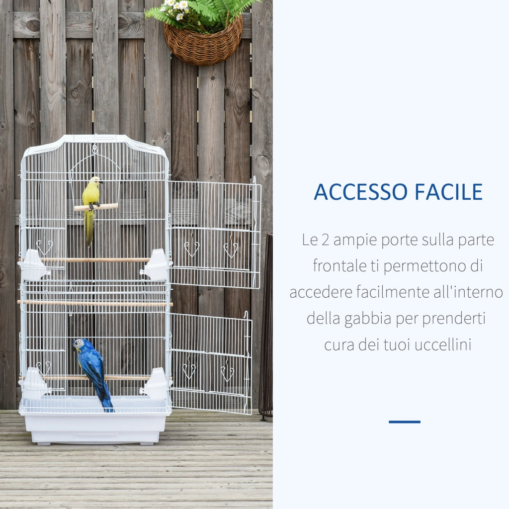 EasyComfort Gabbia per Uccelli Portatile con Maniglia, Vassoio Estraibile e Porte, Voliera per Pappagallini con Posatoi in Legno, Altalena e Ciotole per Cibo, 46.5x35.5x92cm, Bianco
