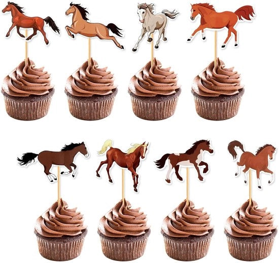Decorazioni per torte in forma di cavallo - Set di decorazioni per torte - Decorazioni per feste - 16 pezzi - Carta/Legno