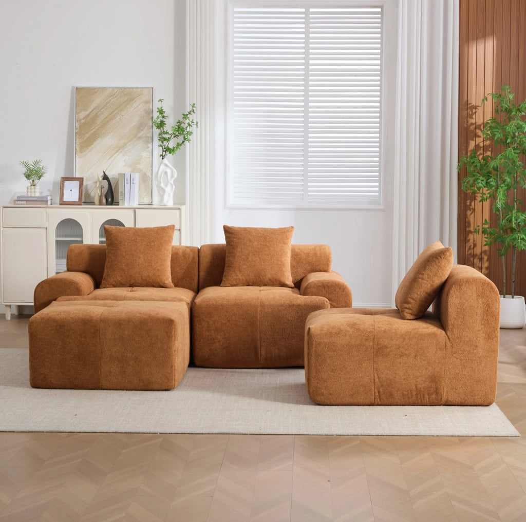 Divano modulare in tessuto a coste arancione con memory foam; 4 moduli HOMVRA
