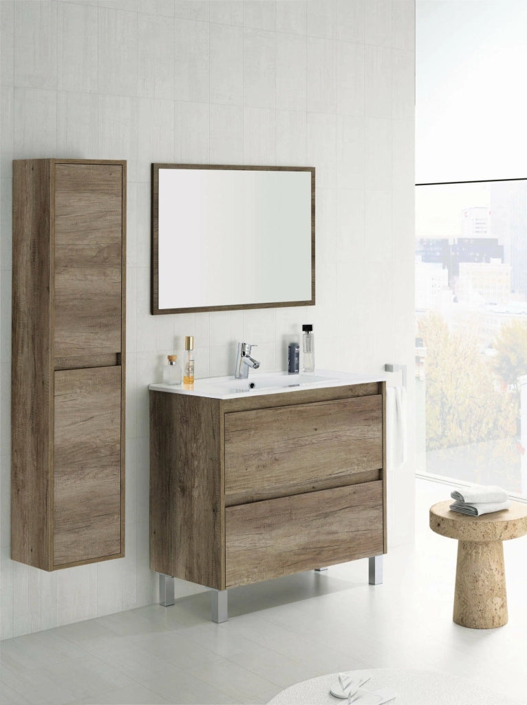 Colonna Bagno Aladin, Mobile a colonna per bagno a 2 ante, Armadio pensile sospeso, Mobiletto multiuso moderno, cm 30x26h140, Quercia