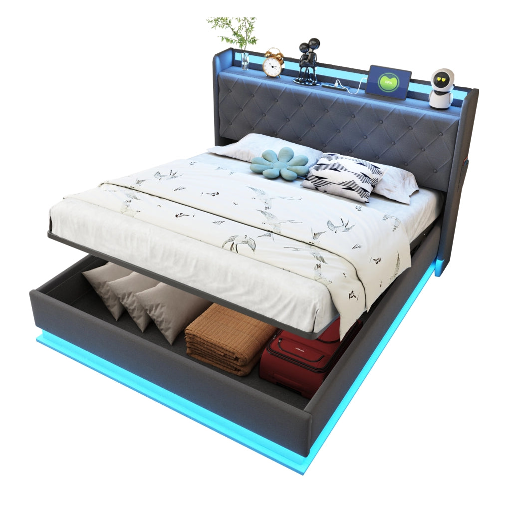 Letti contenitori 140x200 cm; luci LED multicolore e USB; tessuto grigio