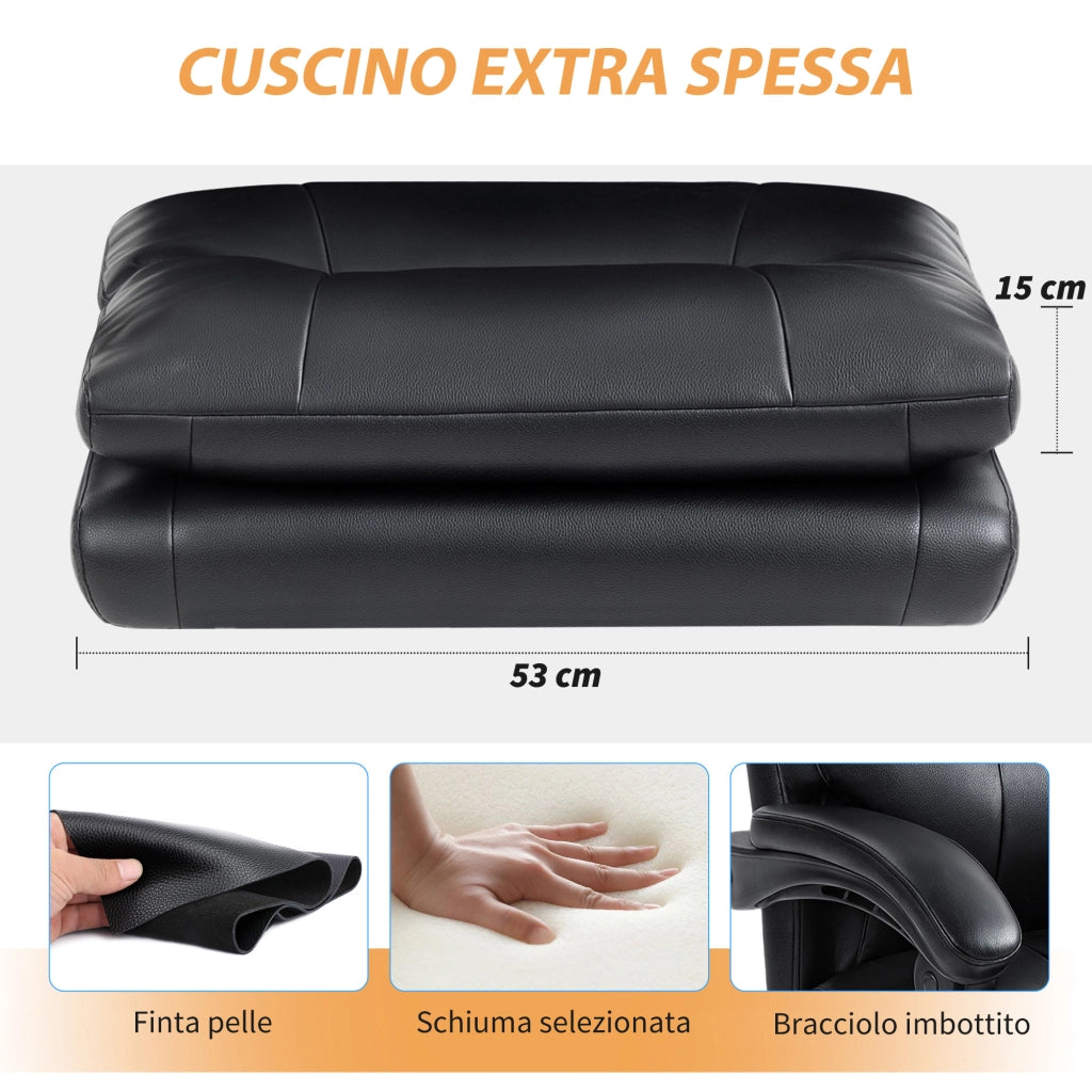 Sedia da Ufficio Presidenziale 65x76x113-121 cm Reclinabile fino a 135° in Pelle PU Nero