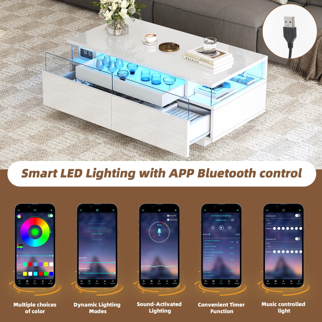 Tavolino da caffè con 2 cassetti e LED - per soggiorno - 90×45×35.5 cm - bianco