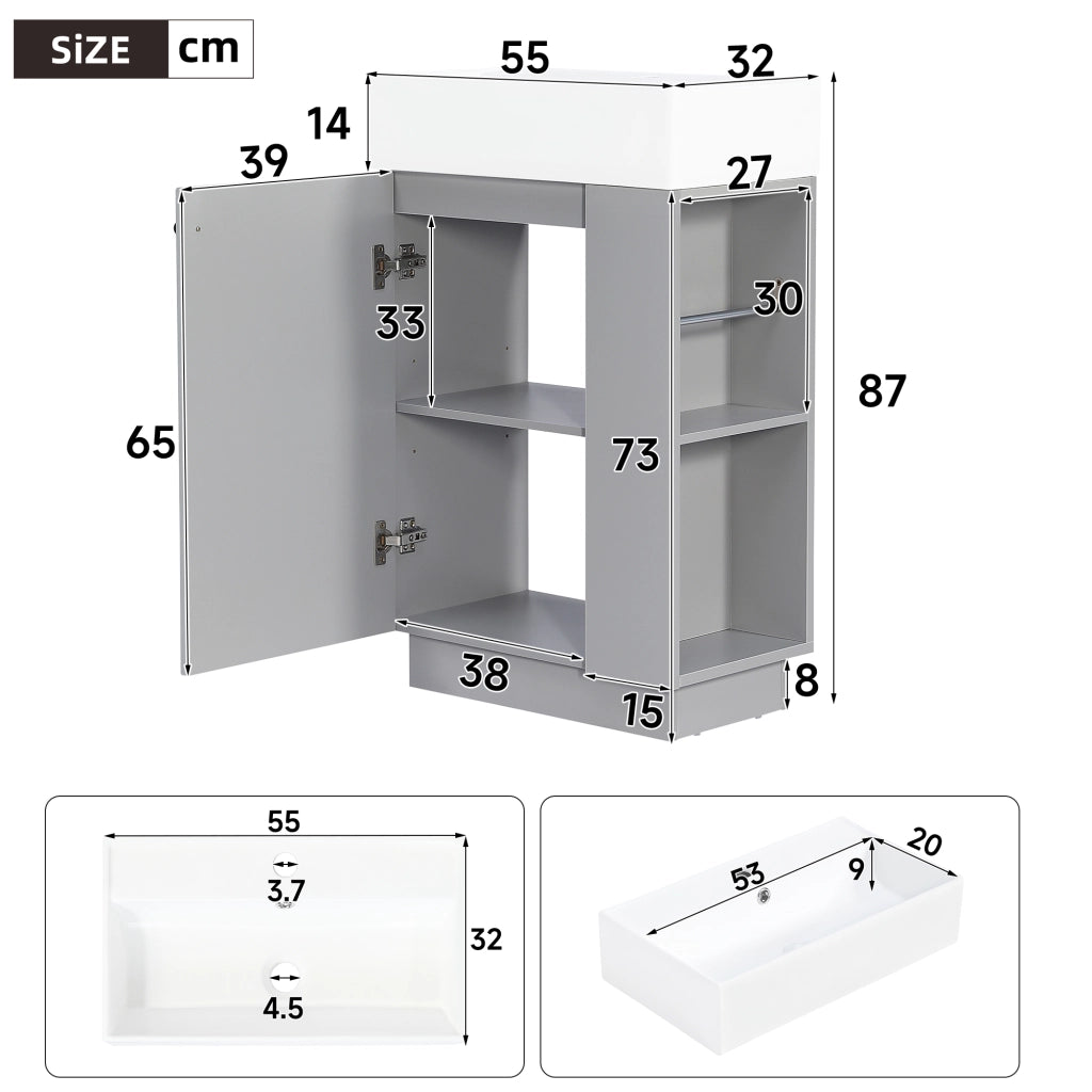 Mobile sottolavabo con lavabo in ceramica anta a chiusura ammortizzata e portarotolo removibile grigio 55 × 32 × 87 cm